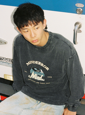 MindError 复古唱片机印花纯棉长袖T恤男女秋季水洗宽松休闲上衣