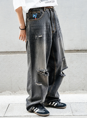 MindError 水洗刀割破洞牛仔裤男新款小象刺绣美式直筒宽松长裤子