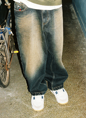 MindError 复古水洗做旧牛仔裤男新款小象刺绣黄泥染宽松直筒长裤