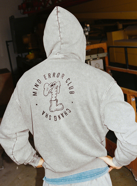 MindError 美式复古水洗做旧小象圆徽印花秋冬宽松休闲连帽衫卫衣