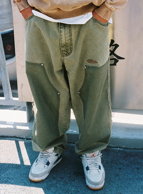 MindError 拼接撞色伐木工装裤男小象刺绣水洗宽松阔腿直筒牛仔裤