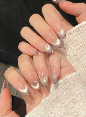 紫色温柔玻璃珠猫眼显白春夏中长款纯手工穿戴甲美甲片假指甲贴片