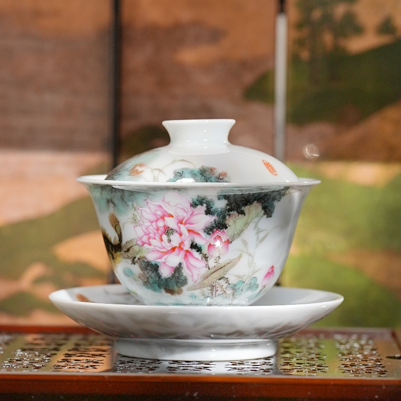 元煦丨粉彩重工荷花盖三才盖碗 130ml 景德镇陶瓷纯手工手绘茶杯