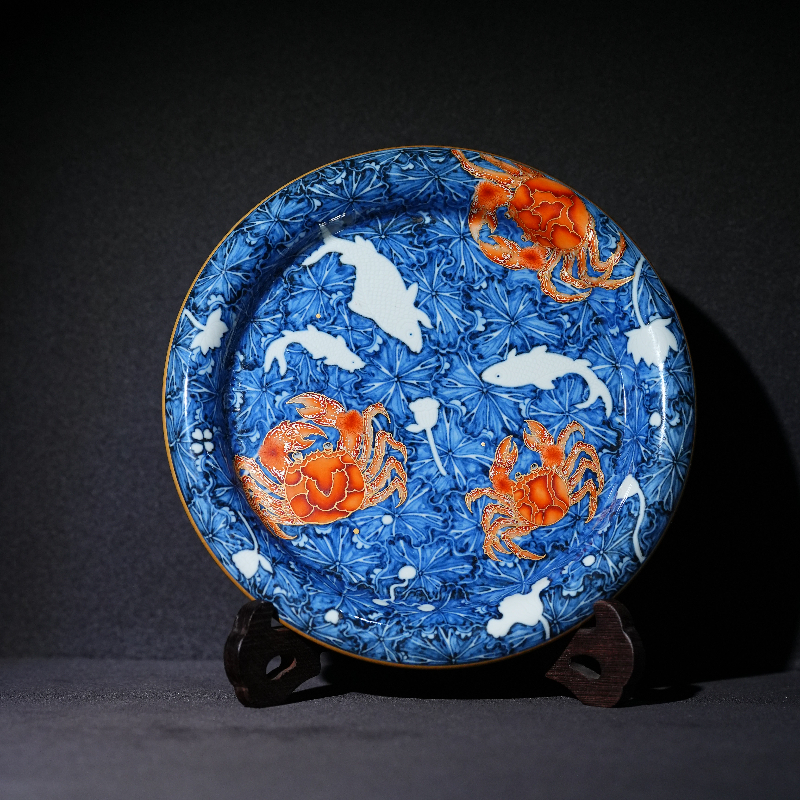 大明风华  | 青花荷花矾红螃蟹壶承