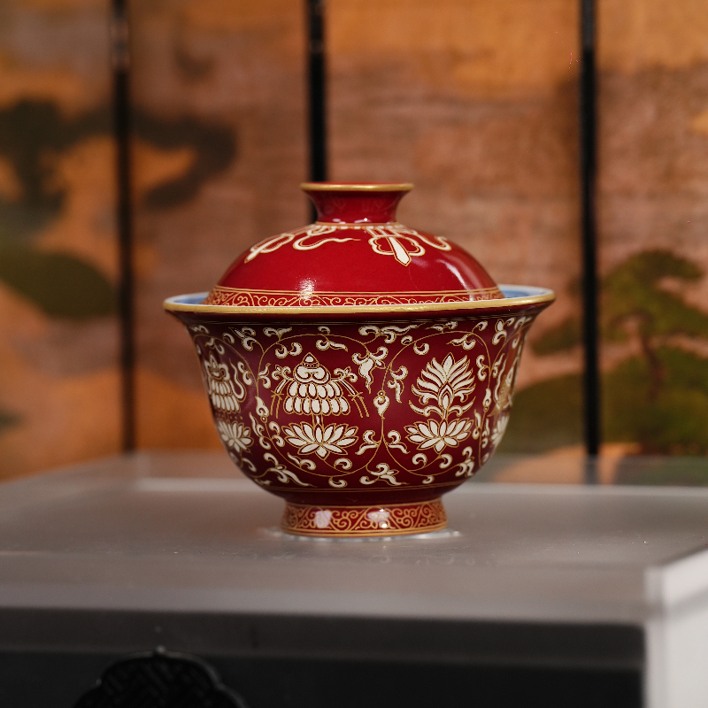 良朋丨玫瑰红描金银八宝缠枝盖碗容量130ml 景德镇陶瓷