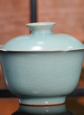 汝窑丨葵口若深盖碗汝瓷复古120cc景德镇陶瓷茶杯茶具家用冰裂纹