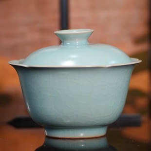 汝窑丨葵口若深盖碗汝瓷复古120cc景德镇陶瓷茶杯茶具家用冰裂纹