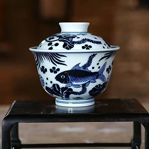 晓隐柴窑丨渔藻二才盖碗丨110cc 景德镇瓷器纯手工手绘茶杯茶具