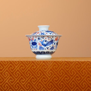 占春生窑釉里红鱼藻盖碗景德镇陶瓷中式茶杯家用茶具泡茶碗120ml