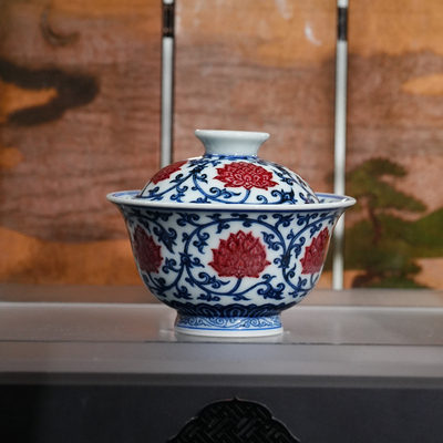 永明尚玩丨内外缠枝元宝盖碗 120ml景德镇陶瓷茶具