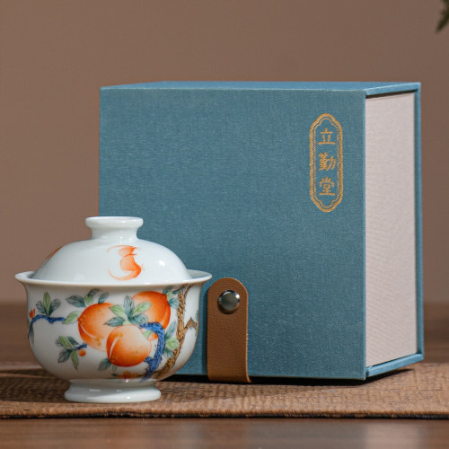 立勤堂粉彩桃子元宝盖碗120c景德镇高级茶具茶杯网红茶器泡茶专用