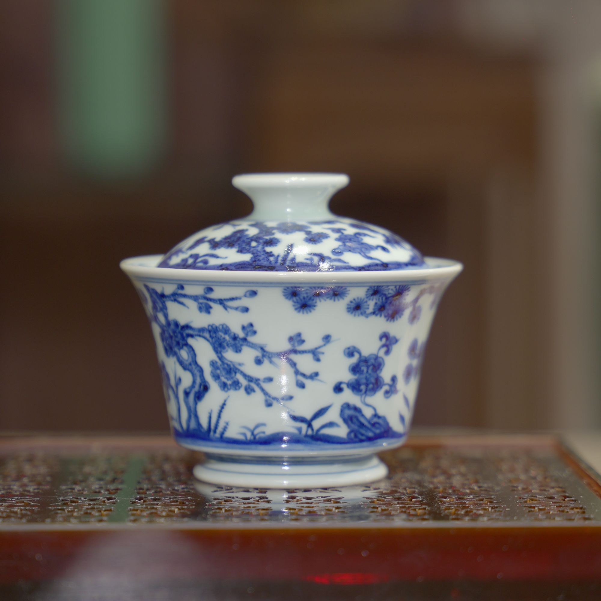 逸古堂 | 松竹梅马蹄盖碗 130ML 景德镇陶瓷纯手工手绘茶杯茶具