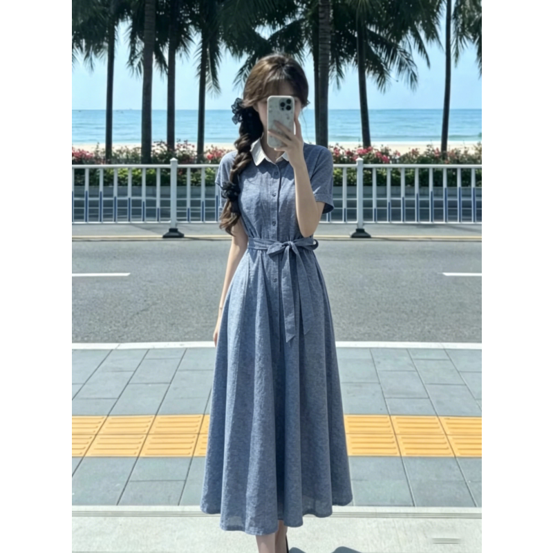 透气亚麻衬衫连衣裙女2026春夏季新款翻领显瘦通勤百搭中长款裙装
