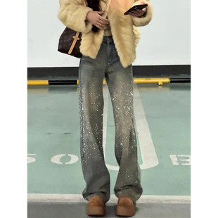 韩版重工亮片牛仔裤女秋冬2026新款高级感满天星做旧加绒阔腿裤子