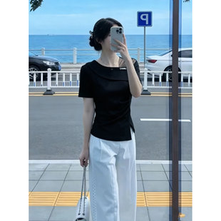 洋气夏装 新款 设计感开叉显瘦不规则上衣 T恤女2026春夏季 黑色短袖