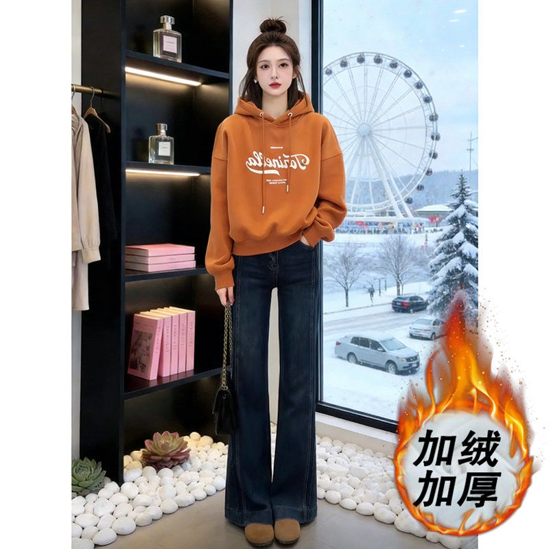 2026新款洋气加绒加厚连帽卫衣女套装冬季宽松阔腿牛仔裤两件套女