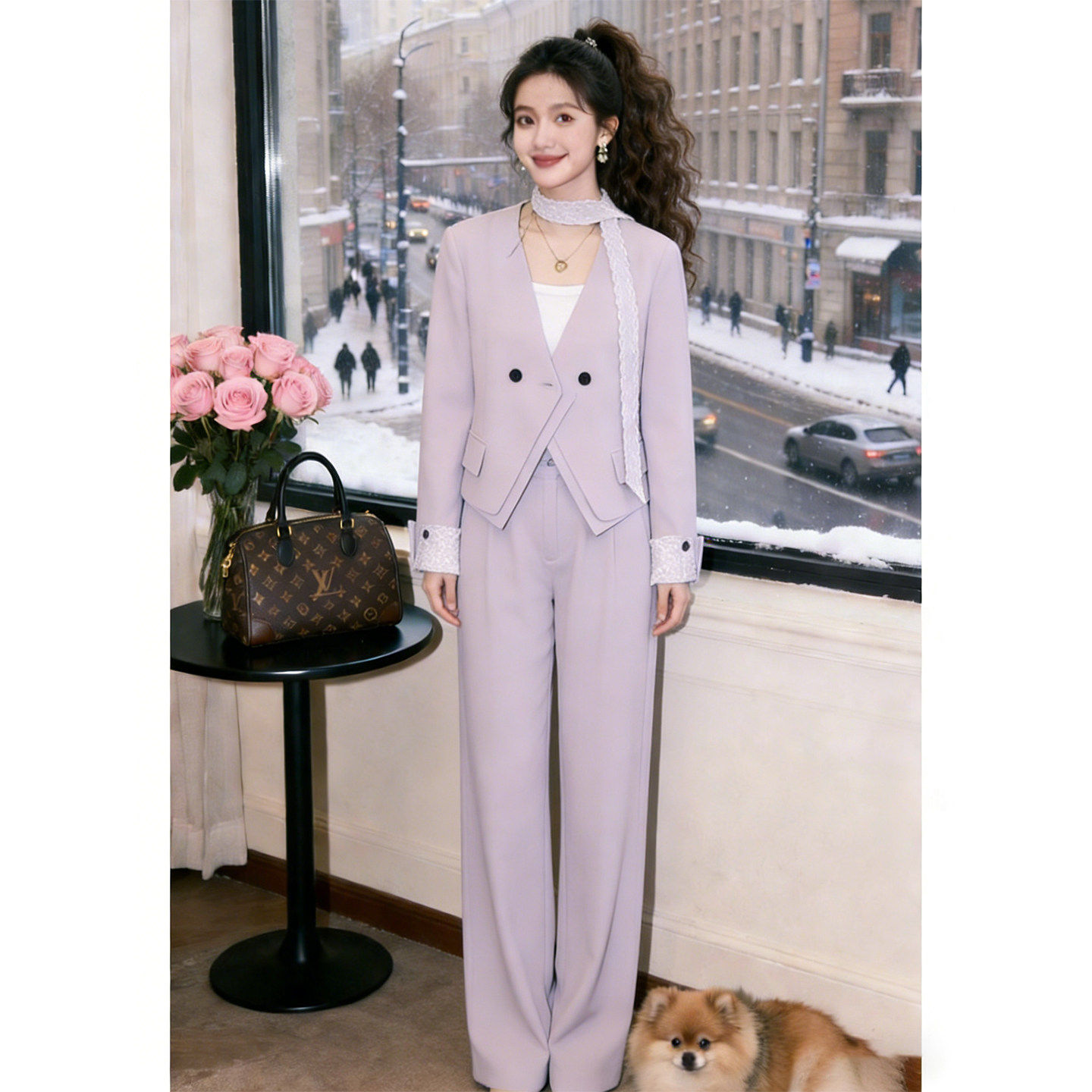 2026春季新款时尚气质蕾丝花边西装套装外套阔腿裤高级感两件套女,女装/女士精品,时尚套装,淘宝优惠券,粉丝福利购,淘宝优惠卷