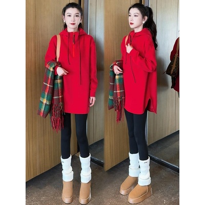 半拉链连帽加绒卫衣女宽松