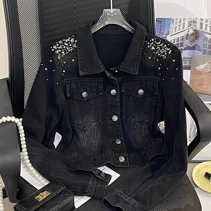 欧货钉珠烫钻减龄牛仔外套女