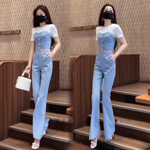 新款 网红气质时尚 套装 女夏季 两件套潮 休闲御姐炸街高腰显瘦阔腿裤