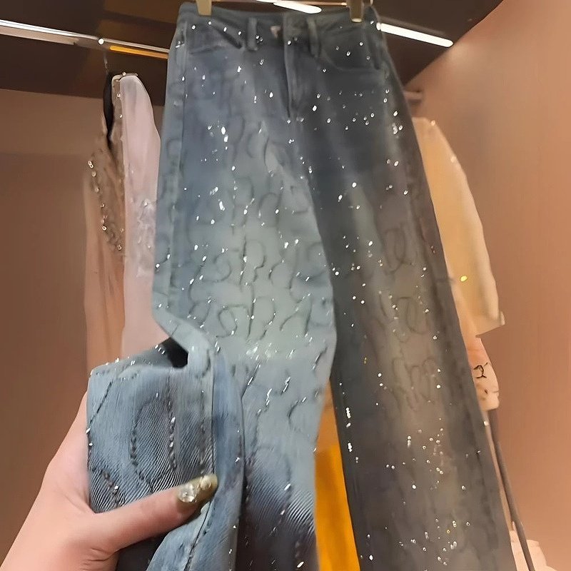 蓝色重工烫钻设计感牛仔裤女2025春夏新款百搭显瘦宽松阔腿直筒裤,女装/女士精品,牛仔裤,淘宝优惠券,粉丝福利购,淘宝优惠卷