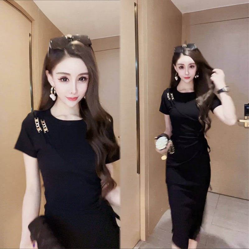 气质小众设计感连衣裙2022年夏季新款不规则假两件抽绳显瘦中长裙