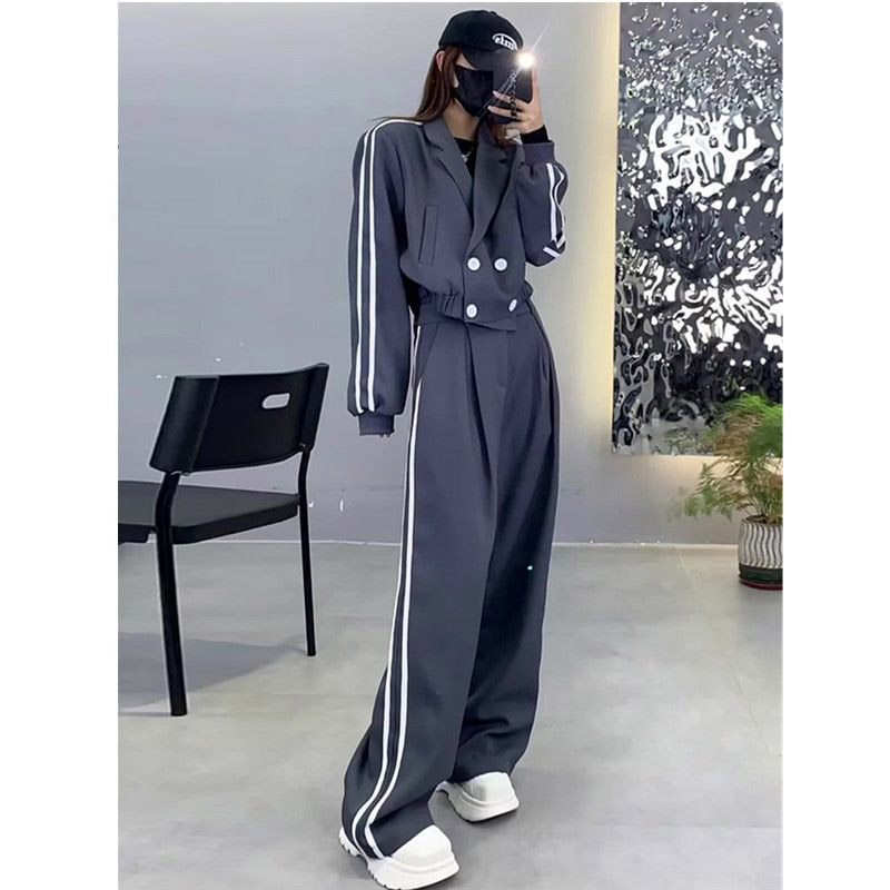 2024春秋新款运动休闲时尚套装女西服外套高腰显瘦阔腿裤两件套