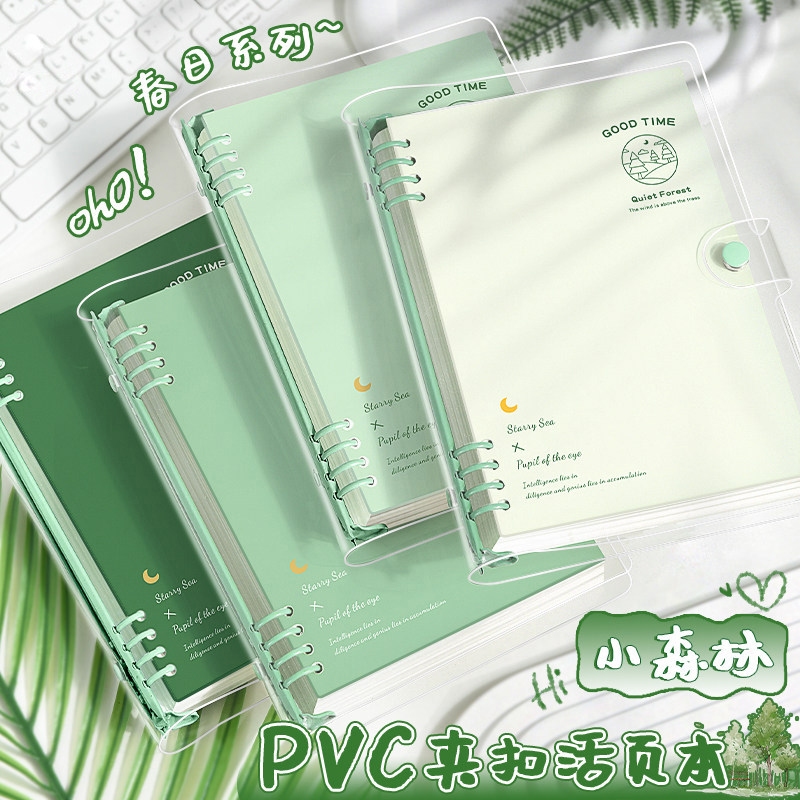 PVC透明软壳可拆卸活页笔记本学生用高颜值加厚记事本小清新ins风手账本B5渐变绿日记本夹子可拆卸横线网格