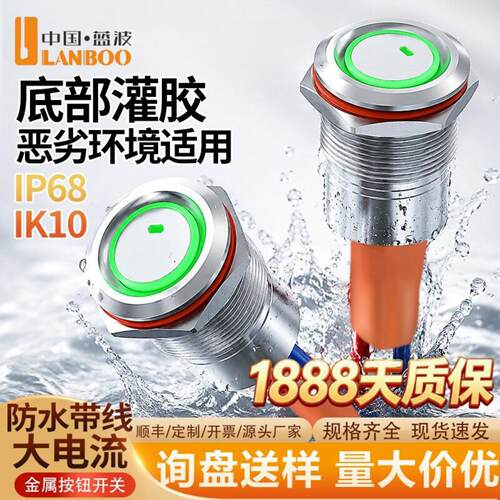 蓝波F1大电流19mm小型防水灌胶ip67带灯金属按钮开关带线不锈钢