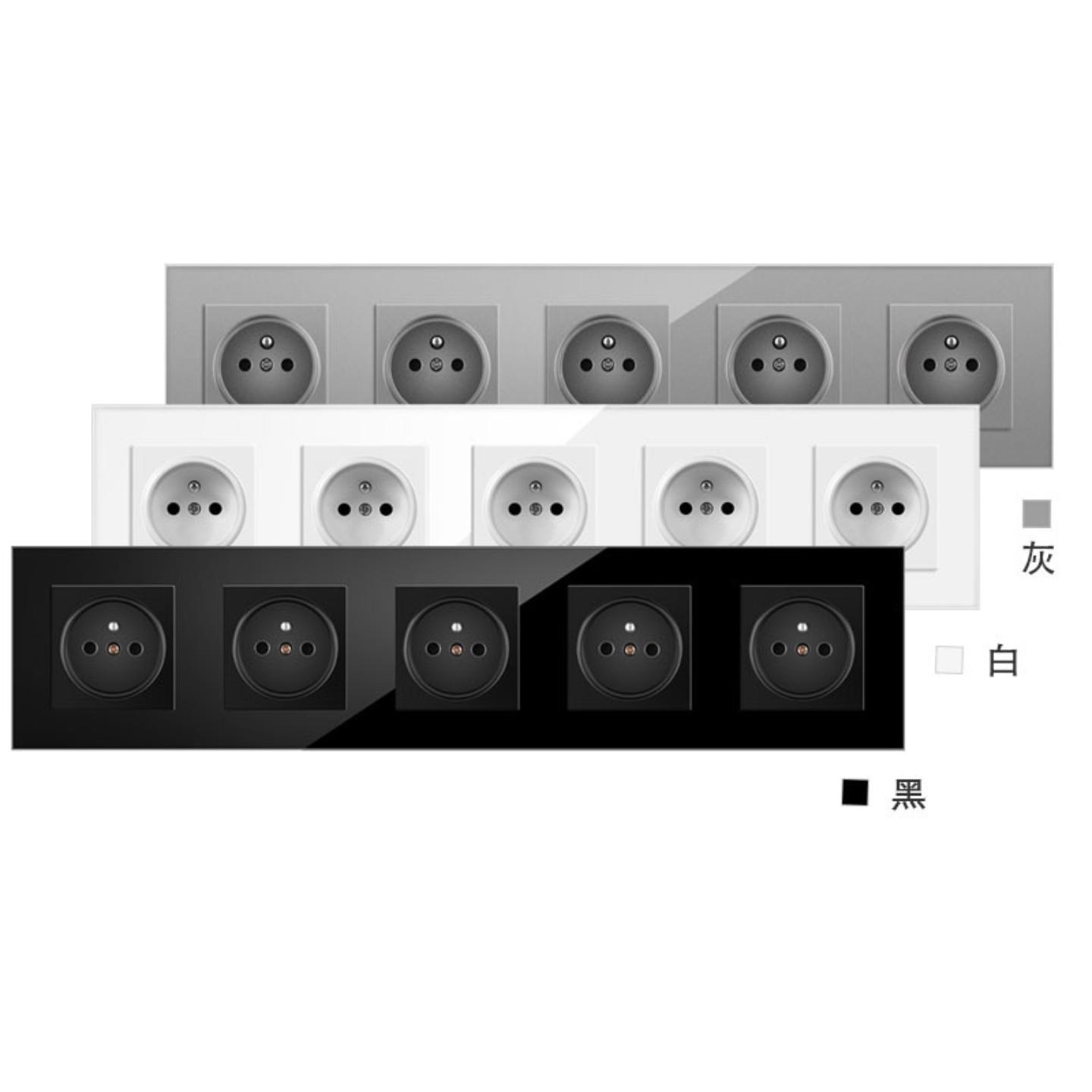 欧标86型法式五位联体插座370*86mm欧规16A墙壁电源插座玻璃面板