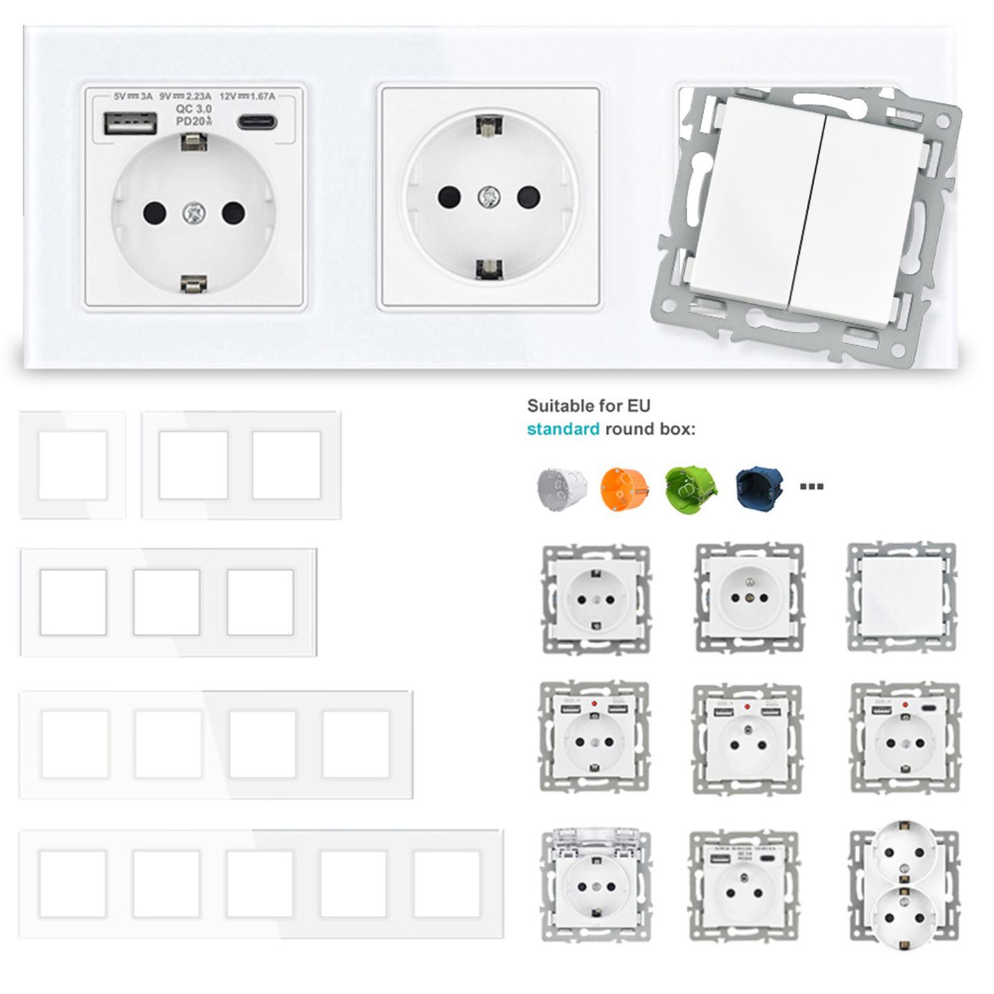 SRAN尚然新品欧标墙壁开关插座任意组合DIY 欧式USB钢化玻璃面板