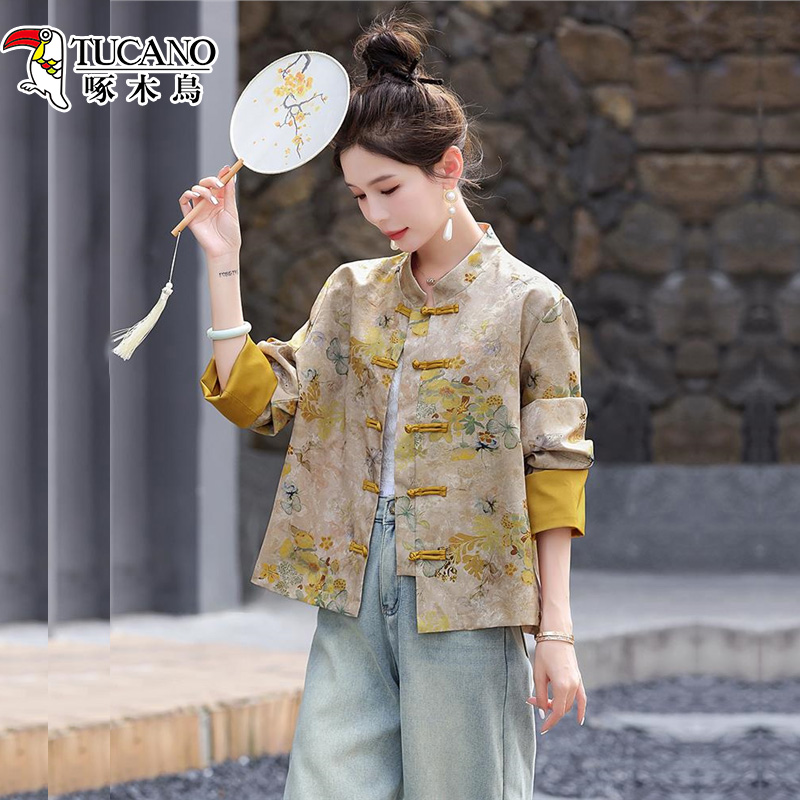 啄木鸟新中式国风减龄唐装外套女2025春秋新款爆款盘扣超火上衣女