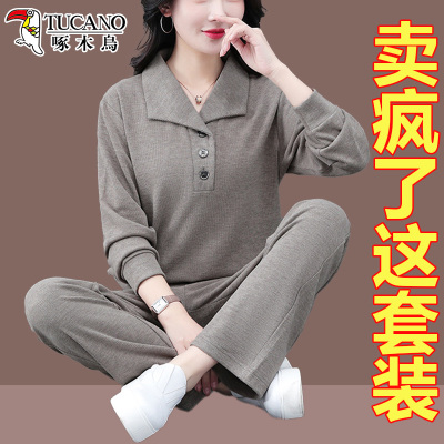 啄木鸟高品质休闲套装女2025春秋新款百搭时尚减龄妈妈卫衣两件套
