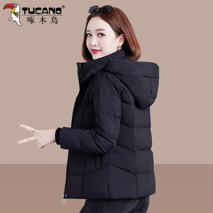 啄木鸟黑色羽绒服女款冬季2025新款加绒加厚中年妈妈连帽短款外套