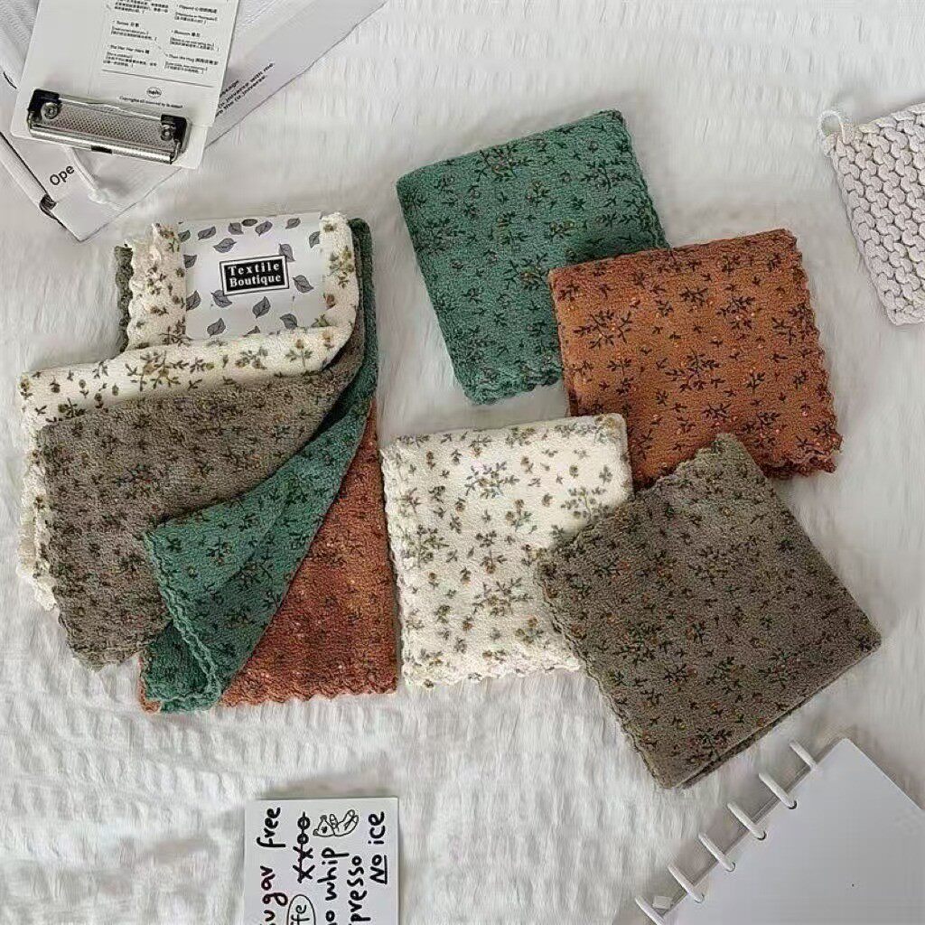 小碎花厨房抹布不粘油不掉毛易清洗家用加厚印花方巾珊瑚绒清洁巾