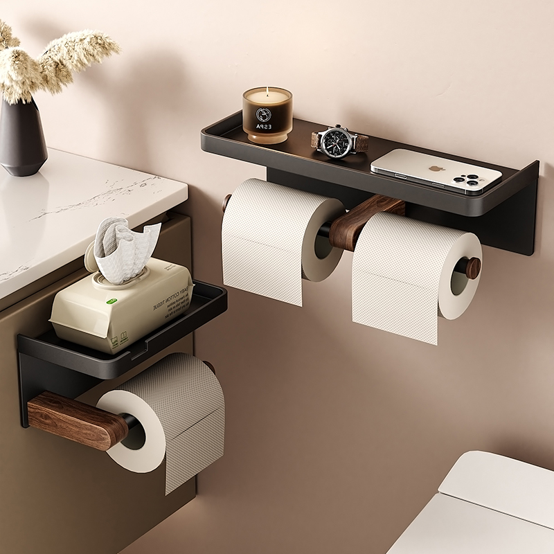 胡桃木纸巾盒置物架卫生间壁挂式免打孔浴室洗脸巾收纳厕所抽卷纸