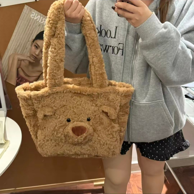通勤大容量毛绒托特包2026秋冬新款时尚小熊包包可爱单肩托特包