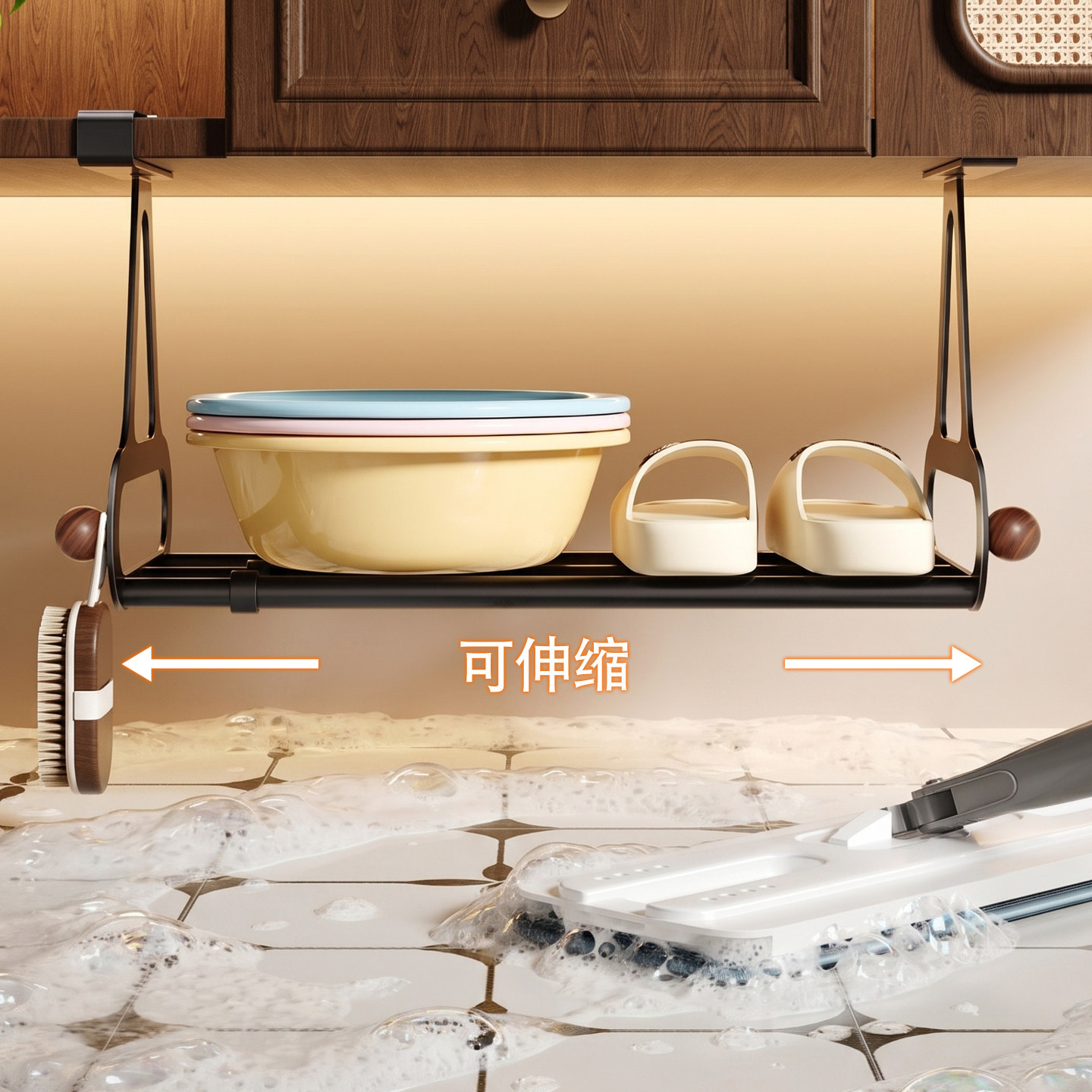 中古风脸盆收纳架免打孔可伸缩浴室柜下置物架卫生间整理挂盆图片