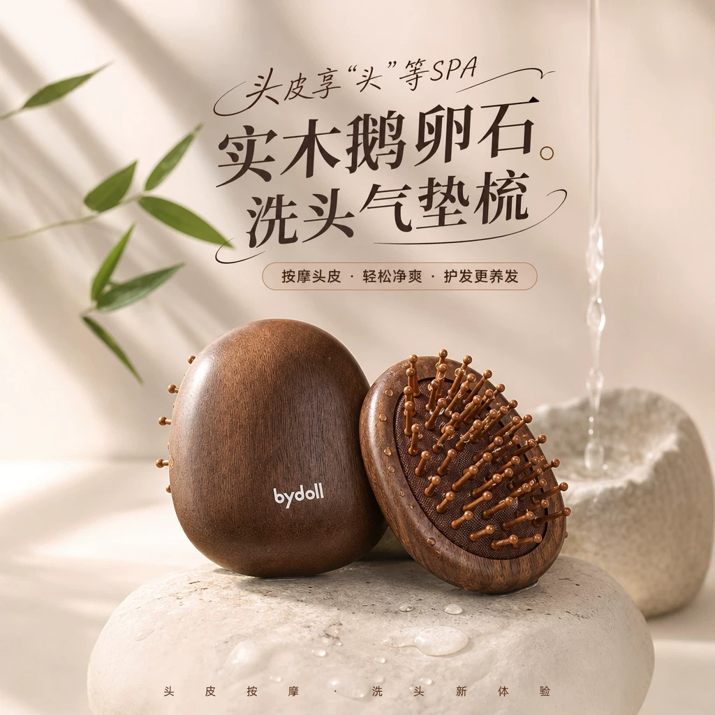 实木鹅卵石洗头梳便携掌心气垫按摩梳头皮清洁洗发梳干湿两用