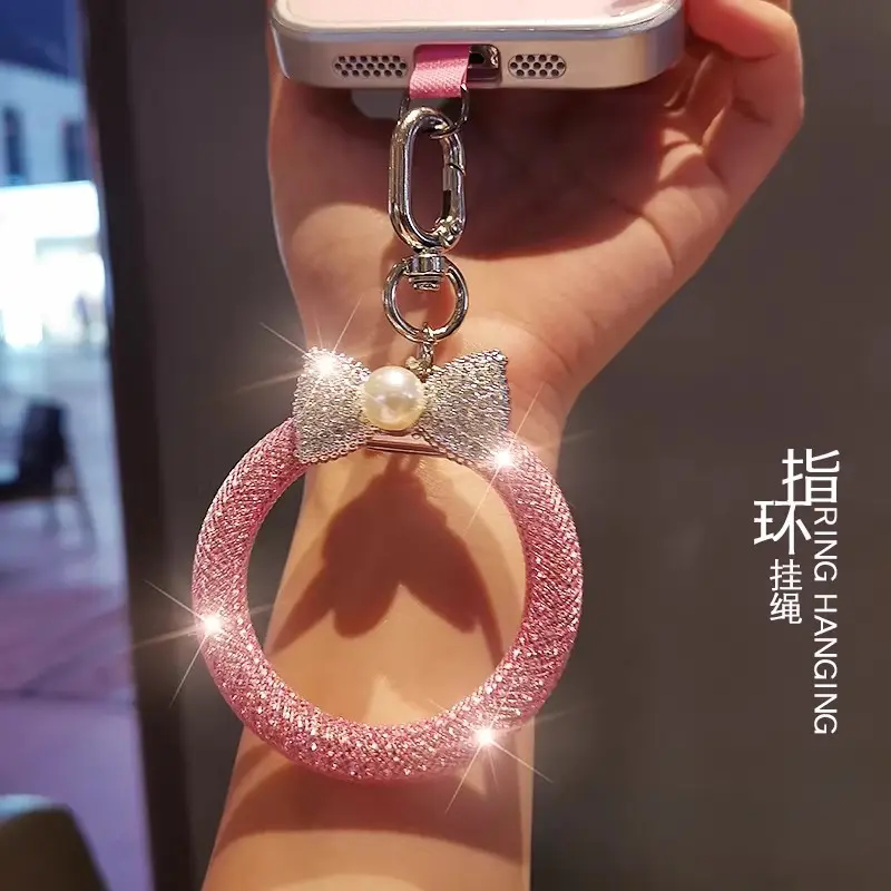 珍珠蝴蝶结水钻手机挂链防丢