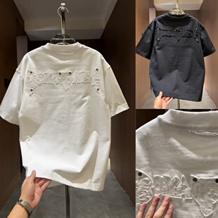 重磅高克重短袖男2026夏季新款水洗做旧磨破贴布铆钉T恤痞帅百搭