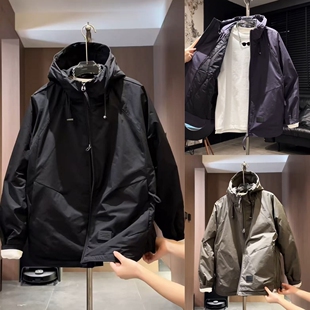 冬季新款连帽加厚冲锋衣男潮流百搭纯色棉服青年时尚痞帅保暖二棉