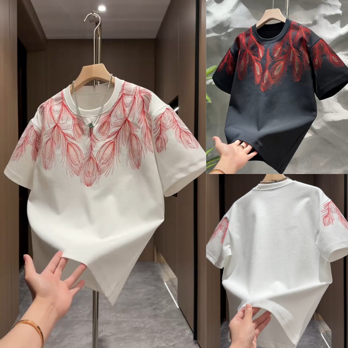 重工羽毛刺绣潮牌短袖男2026春夏新款休闲宽松美式圆领设计感T恤