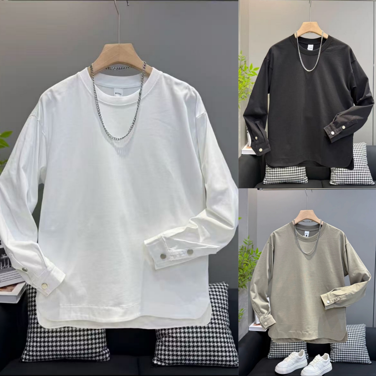 纯色净版圆领套头休闲打底衫男士