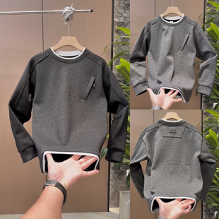圆领套头休闲上衣痞帅打底衫 潮牌设计师假两件卫衣男2025冬季 新款