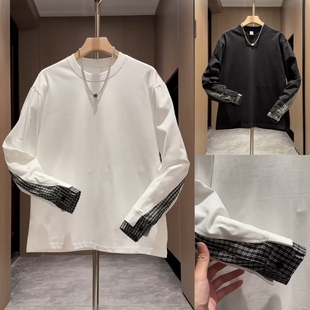 潮牌长袖 袖 新款 2025秋季 T恤圆领套头休闲痞帅打底 子拼接卫衣男士