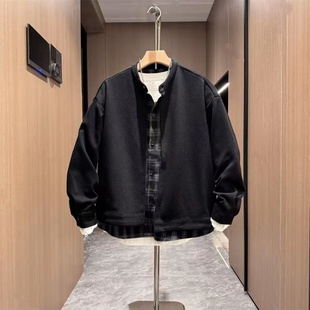 2025秋季 潮牌格子拼接针织假两件潮流百搭显瘦外套男痞帅夹克 新款