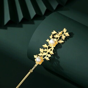 金枝玉叶s925纯银镀金发簪琼花古风新中式国潮汉服天然珍珠银簪子