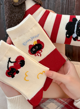 可爱袜子女秋冬款长袜卡通猫咪本命年红色堆堆袜新年袜纯棉中筒袜