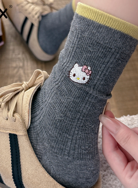 可爱卡通刺绣灰色袜子女中筒袜ins潮纯棉春秋款日系无骨堆堆长袜